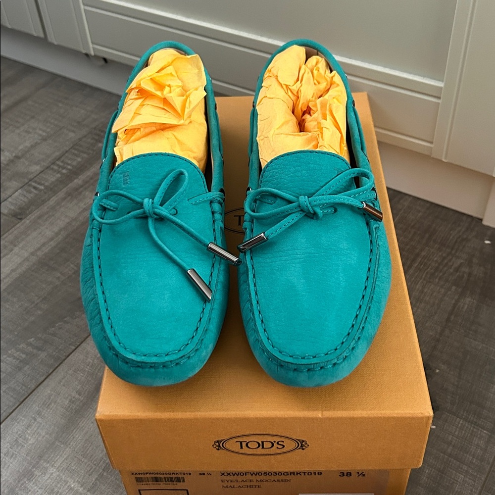 Tod's Tie Gommino Turquoise Mocassin Loafers 38.5
